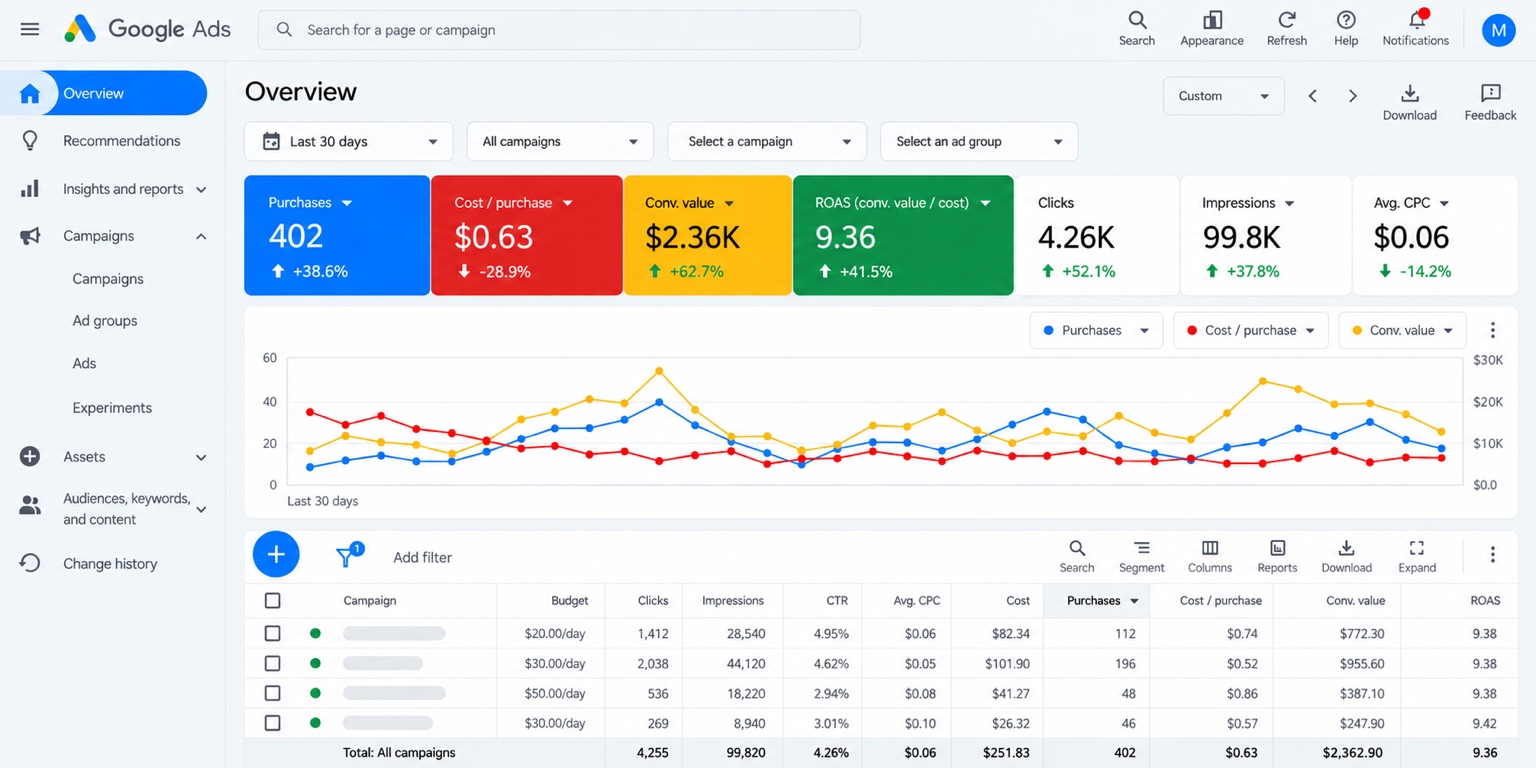 Google Ads campaign dashboard showing 402 purchases, 0.63 US dollars per purchase and 9.36 ROAS