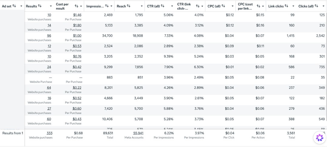 Supplied Meta Ads table reporting a total of 333 website purchases, 0.68 US dollars per purchase and 3.97 percent link CTR