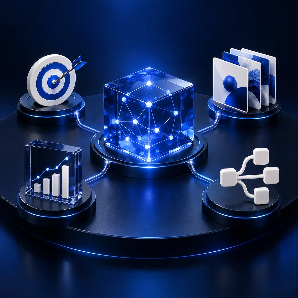 Illustrative AI marketing system connecting targeting, creative content, analytics and automation