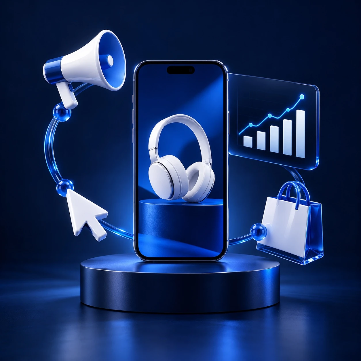 Illustrative mobile advertising and e-commerce growth scene