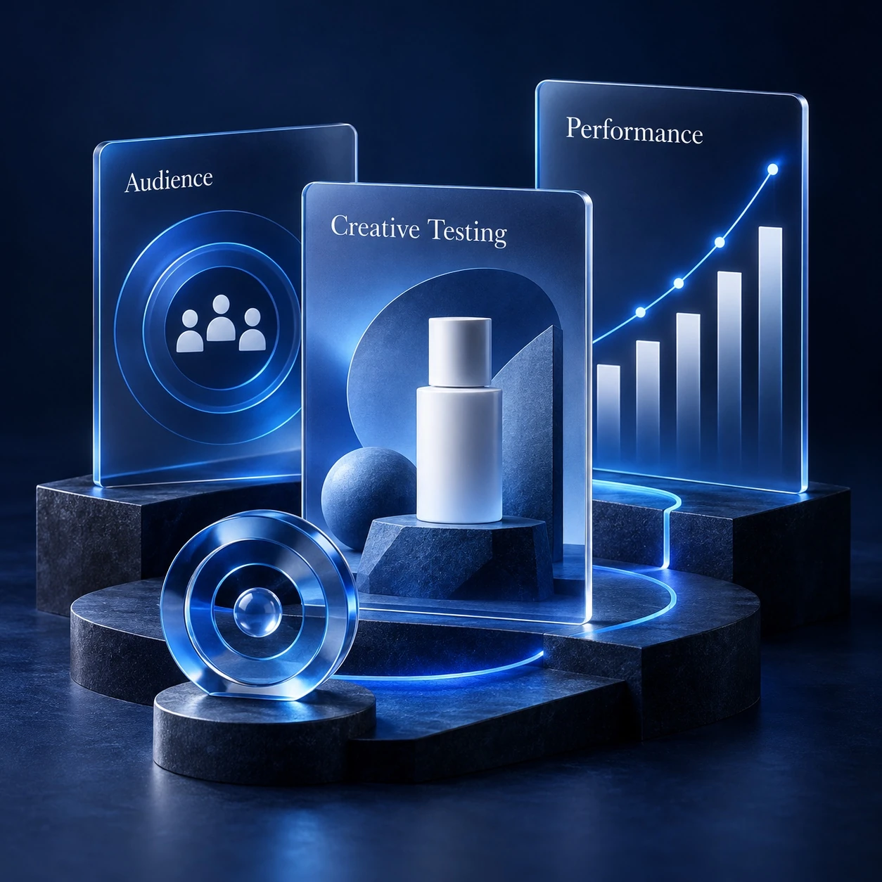 Illustrative audience targeting, creative testing and performance marketing panels
