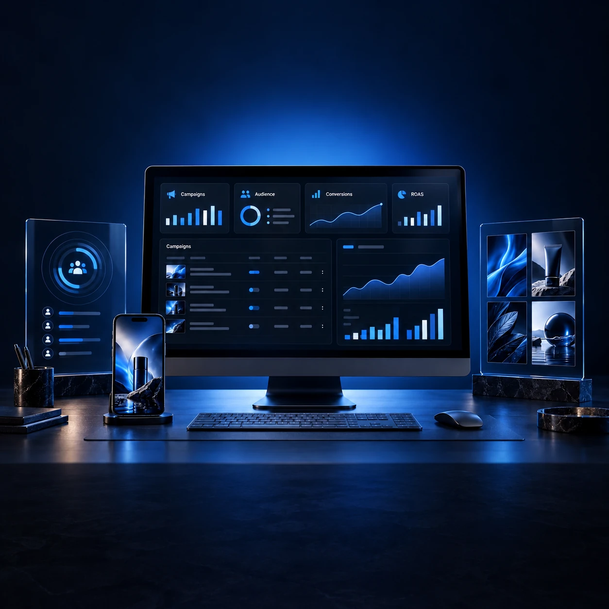 Illustrative digital marketing workstation with campaign dashboards, audience analytics and creative previews